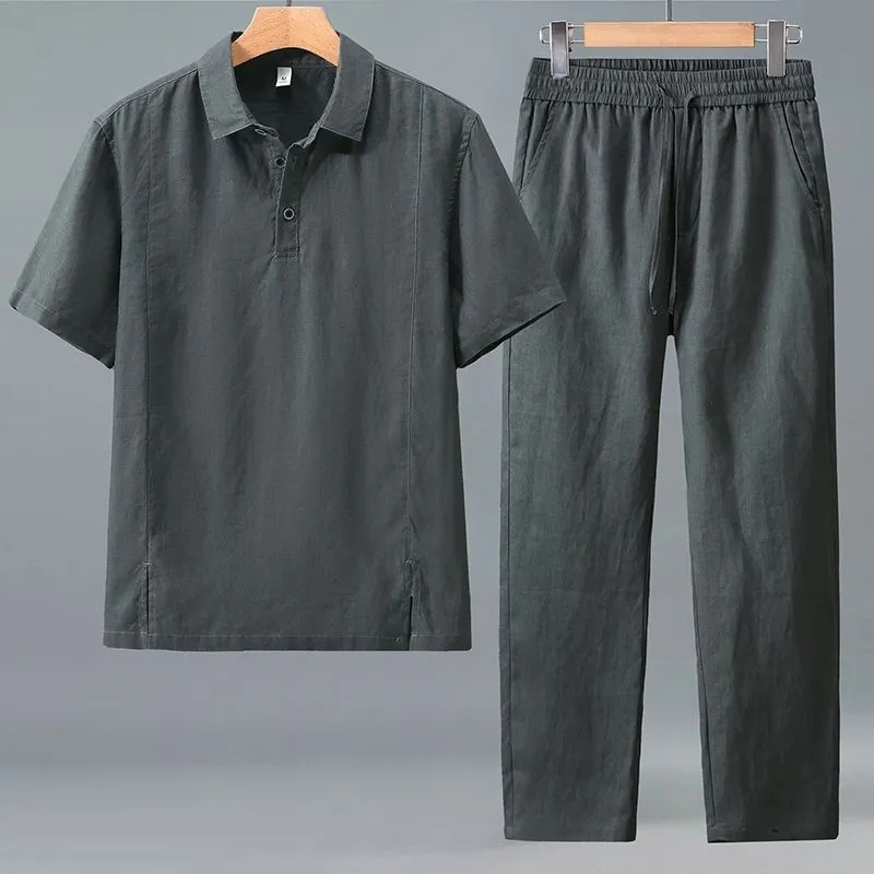 Short Linen Drawstring - Men Plus Size Summer Linen Two