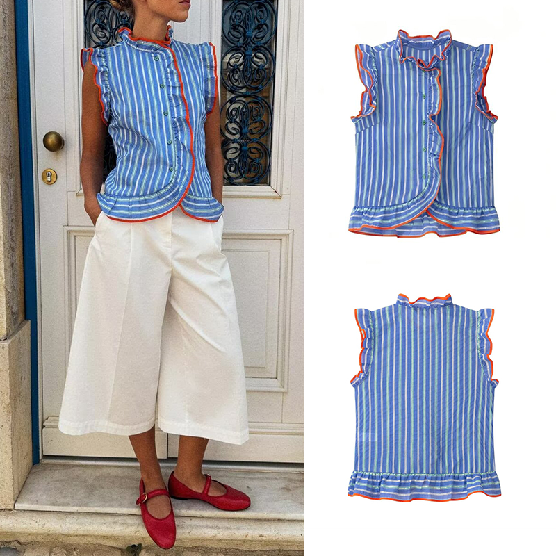 Women's blue vertical striped  - огляд і ціна Shirt Camp Collar